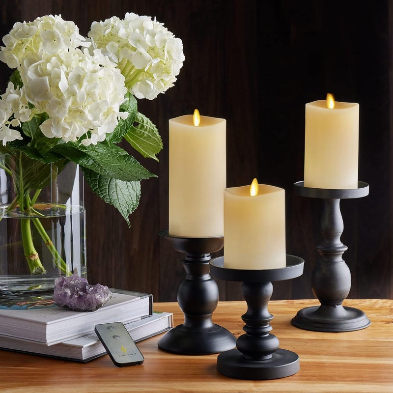 LUMINARA Realistic Flameless LED Set of 3 Ivory Pillar Candles, Home Safe Moving Flame Melted Top Illumination, Battery Operated Remote Control w/Timer - Image 2